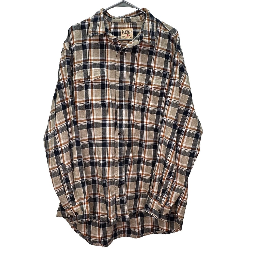 RedHead Mens Plaid Button Up Shirt Long Sleeve Pockets Regular Fit Blue Tan